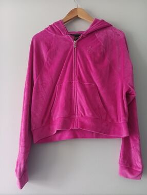 Victoria’s Secret Pink Velour Zip Hoodie S Cropped Fitted Hot Pink
